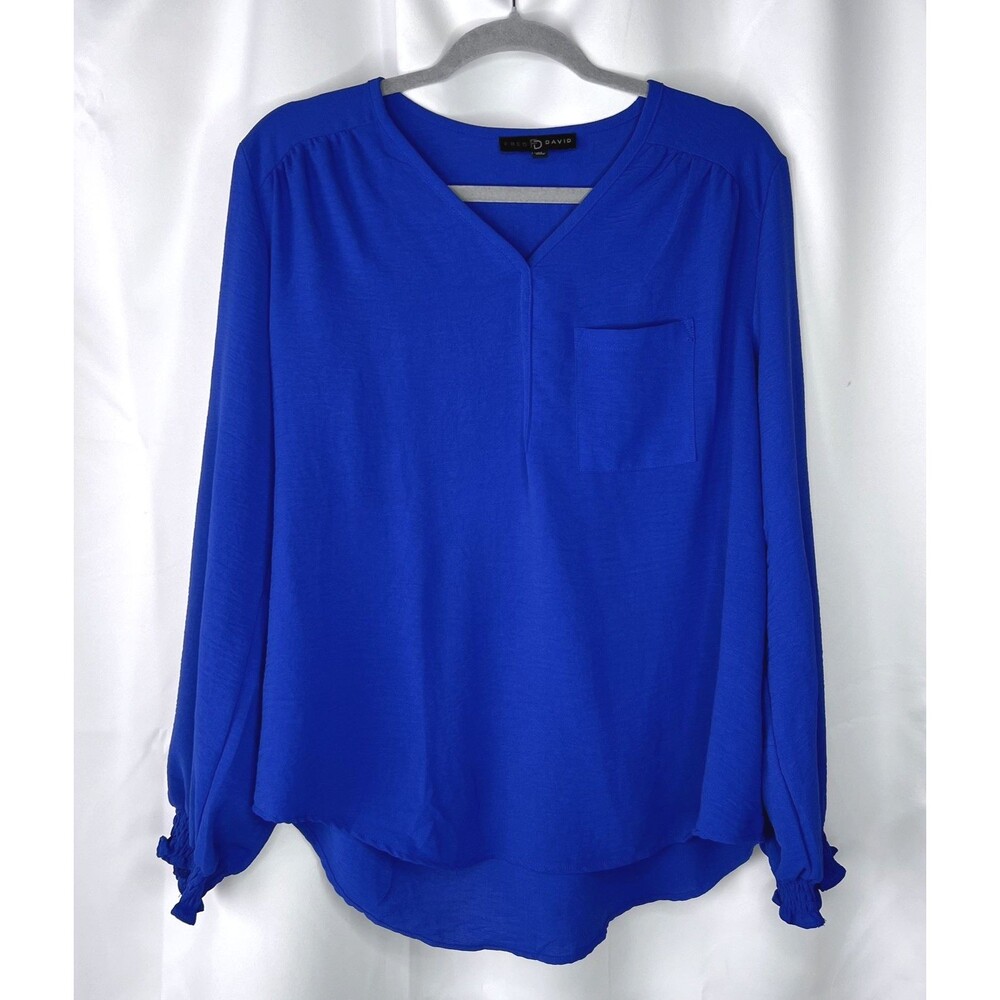 Fred David Women's Pull Over V-neck Semi See Thru Blouse Top Size Medium Blue